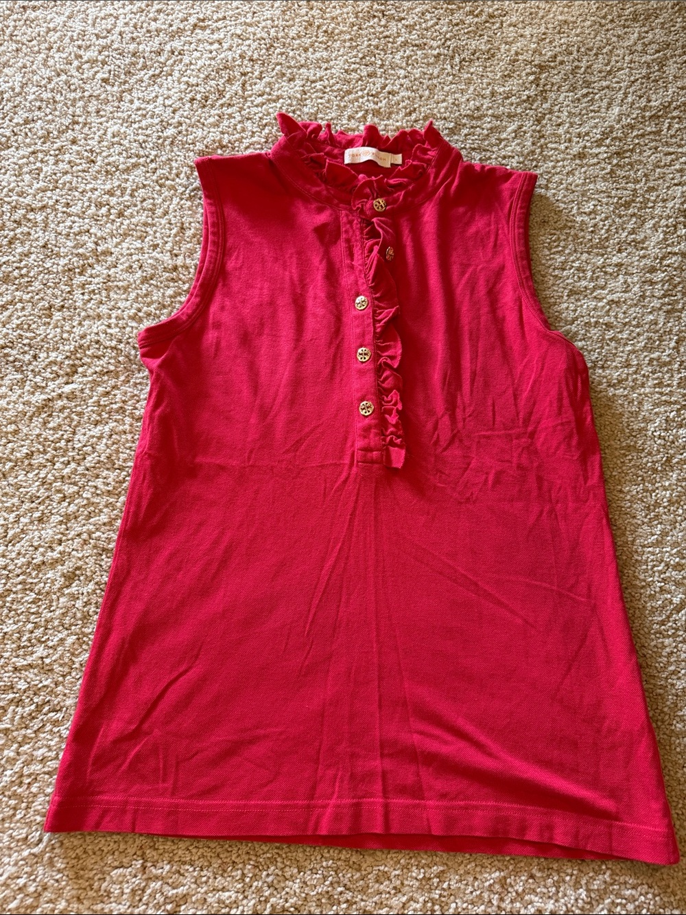 Tory Burch Sleeveless Ruffle Henley Top in Bright Pink